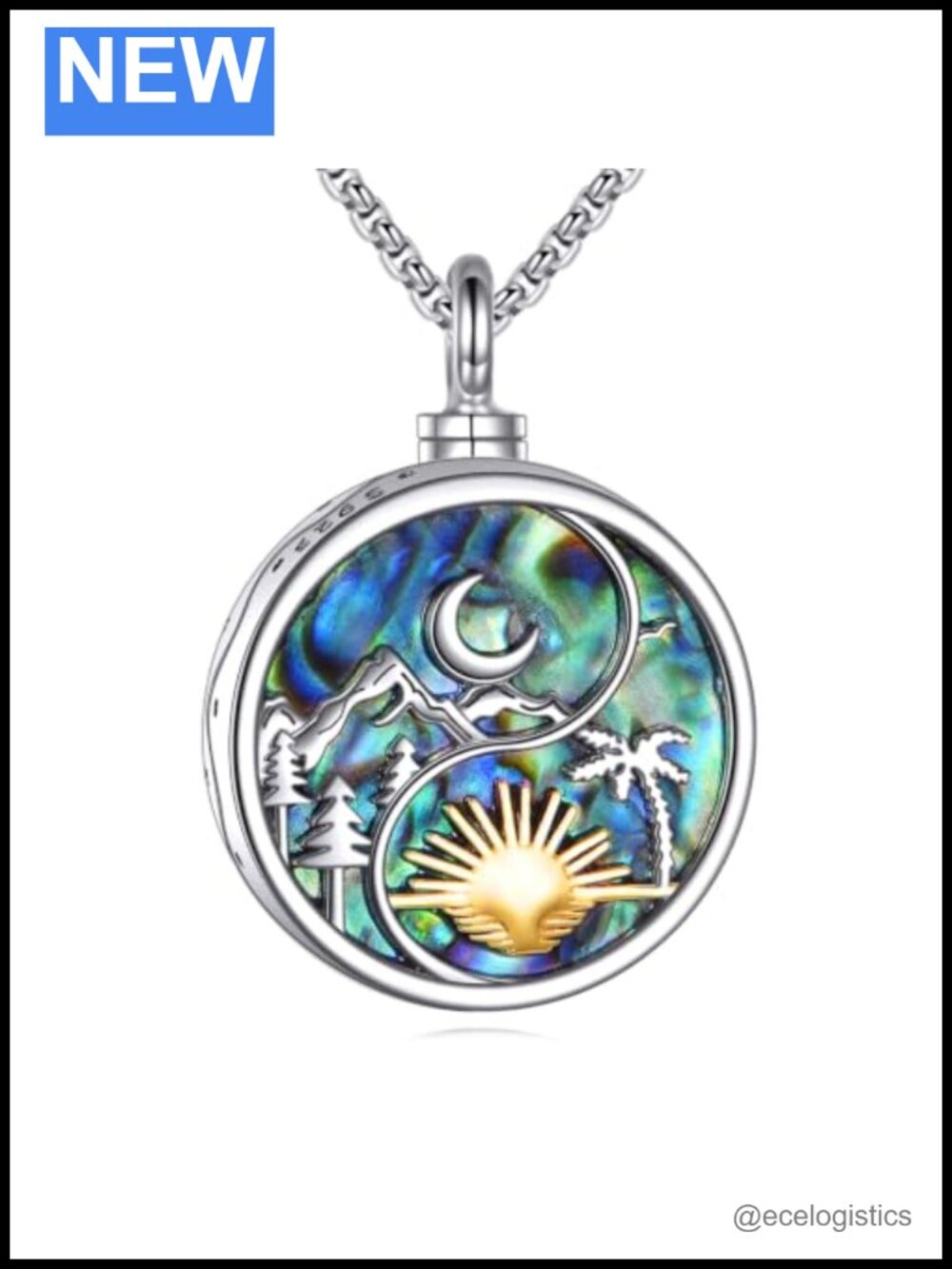 925 Sterling Silver Mountain Urn Necklace Abalone Shell Memorial Keepsake